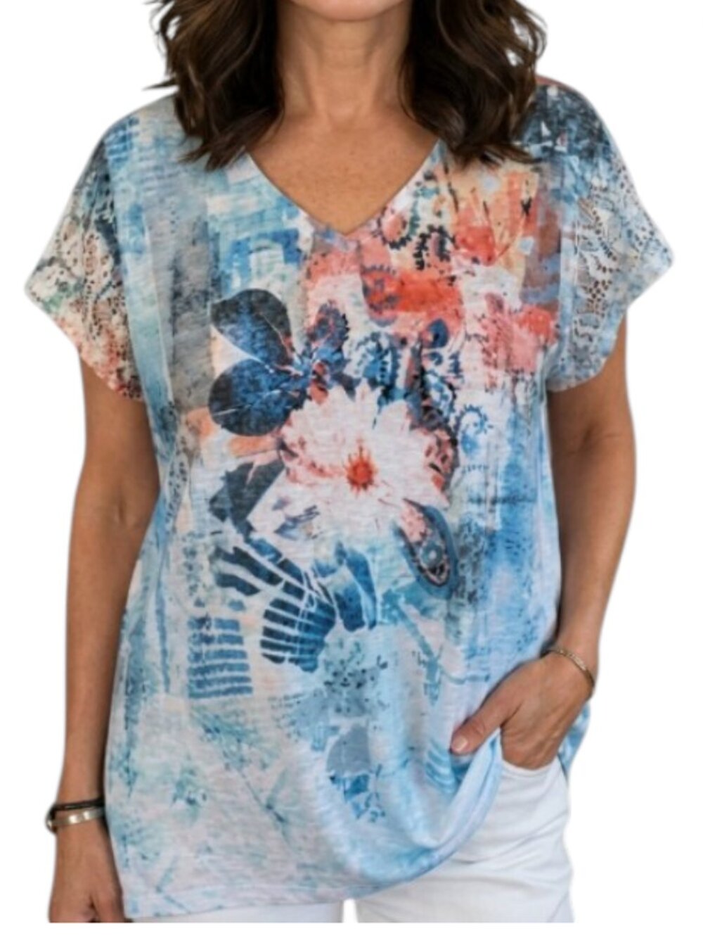 La Donna Floral Abstract Art Print Crochet Sleeve Boho Style Knit Top XL